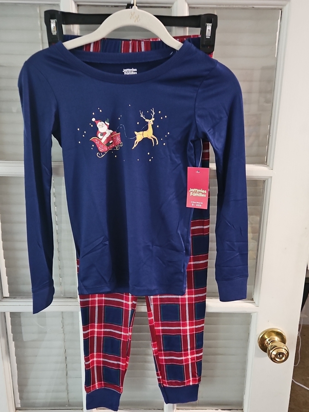 NWT Kids Navy Santa & Reindeer Pajama Set - Red Plaid Bottoms. Sz 8